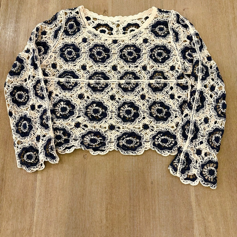 Elegant Navy and Cream Crochet Lace Top